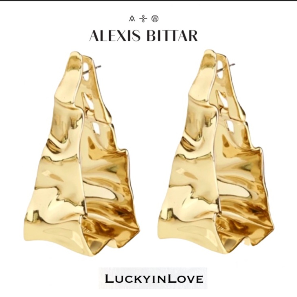 ALEXIS BITTAR • NEW RARE Gold Crumpled Metal 3D Triangle Hoop Hinged Earrings - Picture 3 of 16